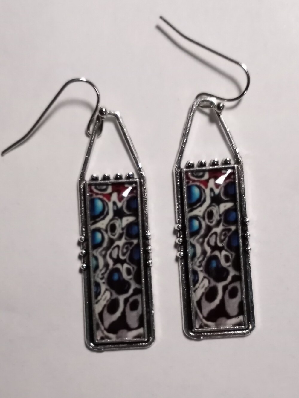 Silver Drop Earrings with Blue and Black Pattern